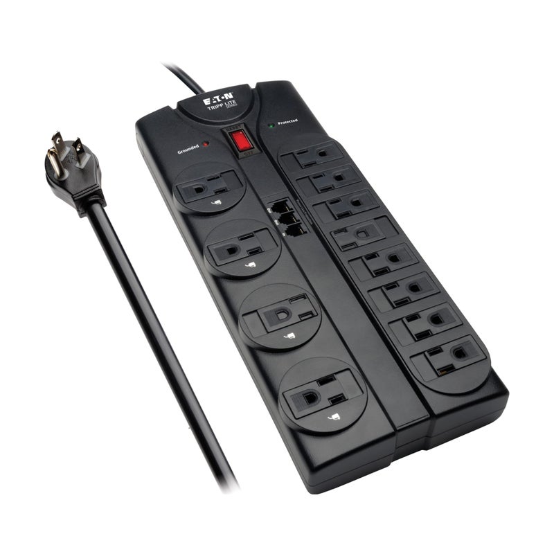 Tripp Lite Eaton Tripp Lite TLP1208TEL Home Theater Surge Protector Power Strip, 12 Outlets, Flat Plug 8ft Extension Cord, 2160 Joules | RJ11 Port for Phone Land Line Protection - Image 1